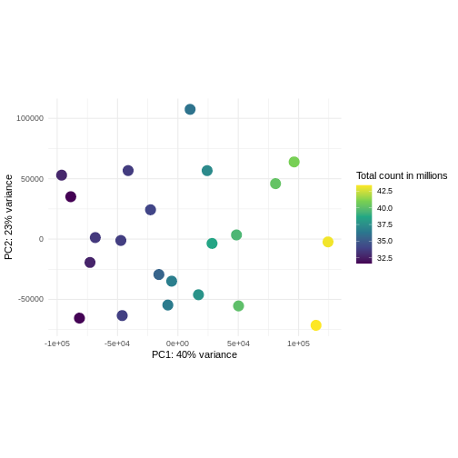 Scatterplot of samples projected onto the first two principal components of the count matrix, colored by library size. The library sizes are between approximately 32.5 and 42.5 million. The first principal component is strongly correlated with the library size.